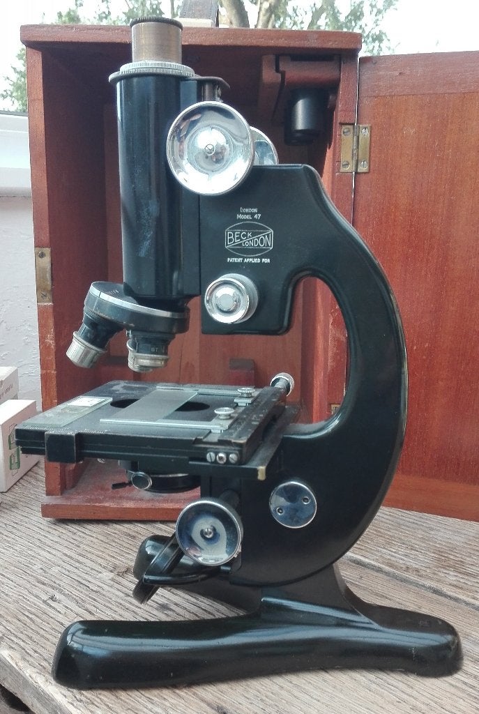 Vintage Beck London Model 47 microscoop met hoesje en mesjes, Antiek en Kunst, Ophalen