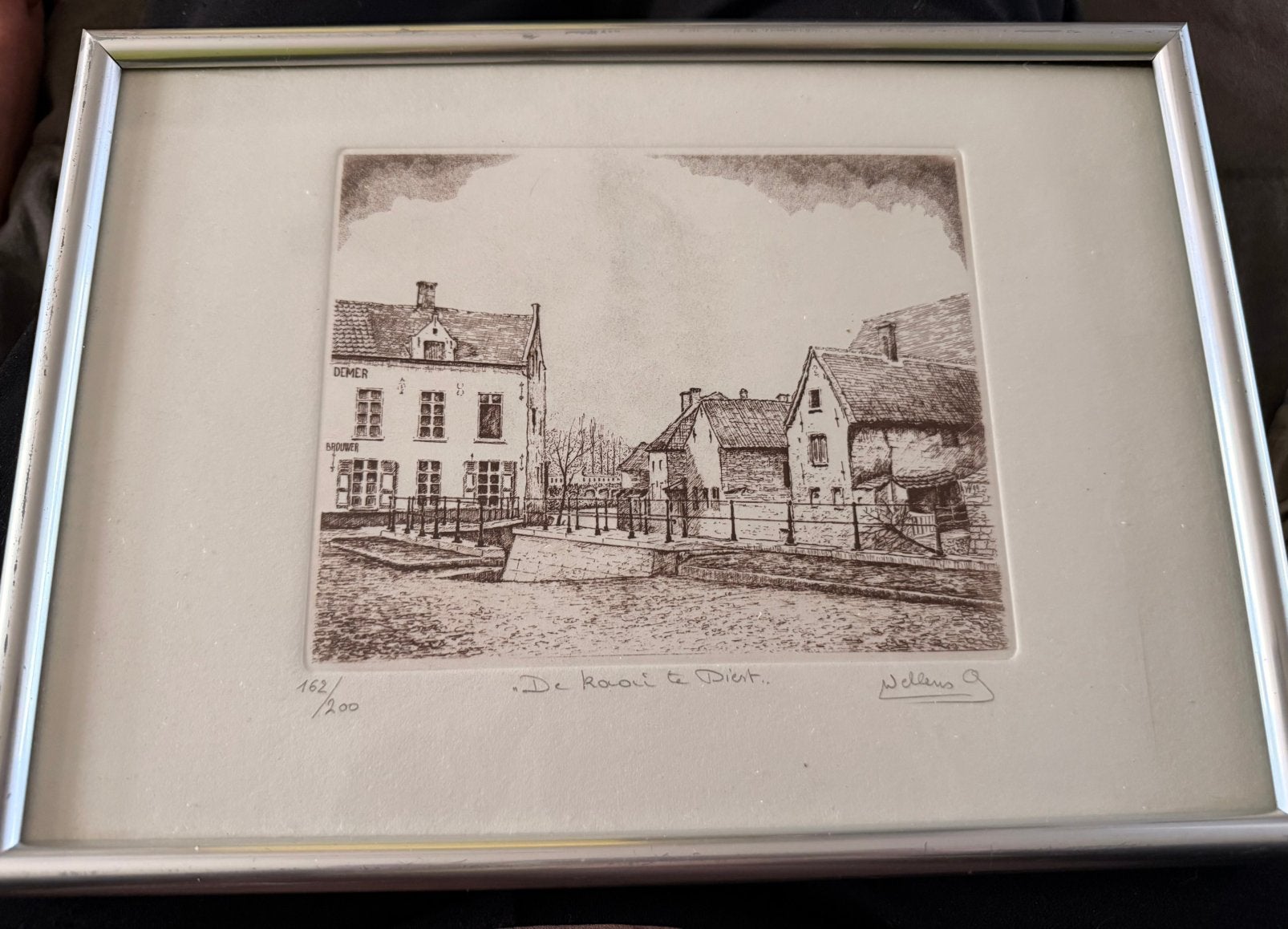 Gravure originale d'André Wellens — De Kaai te Diest, Antiquités & Art, Enlèvement, Eau-forte, Dessin à la plume, Numéroté