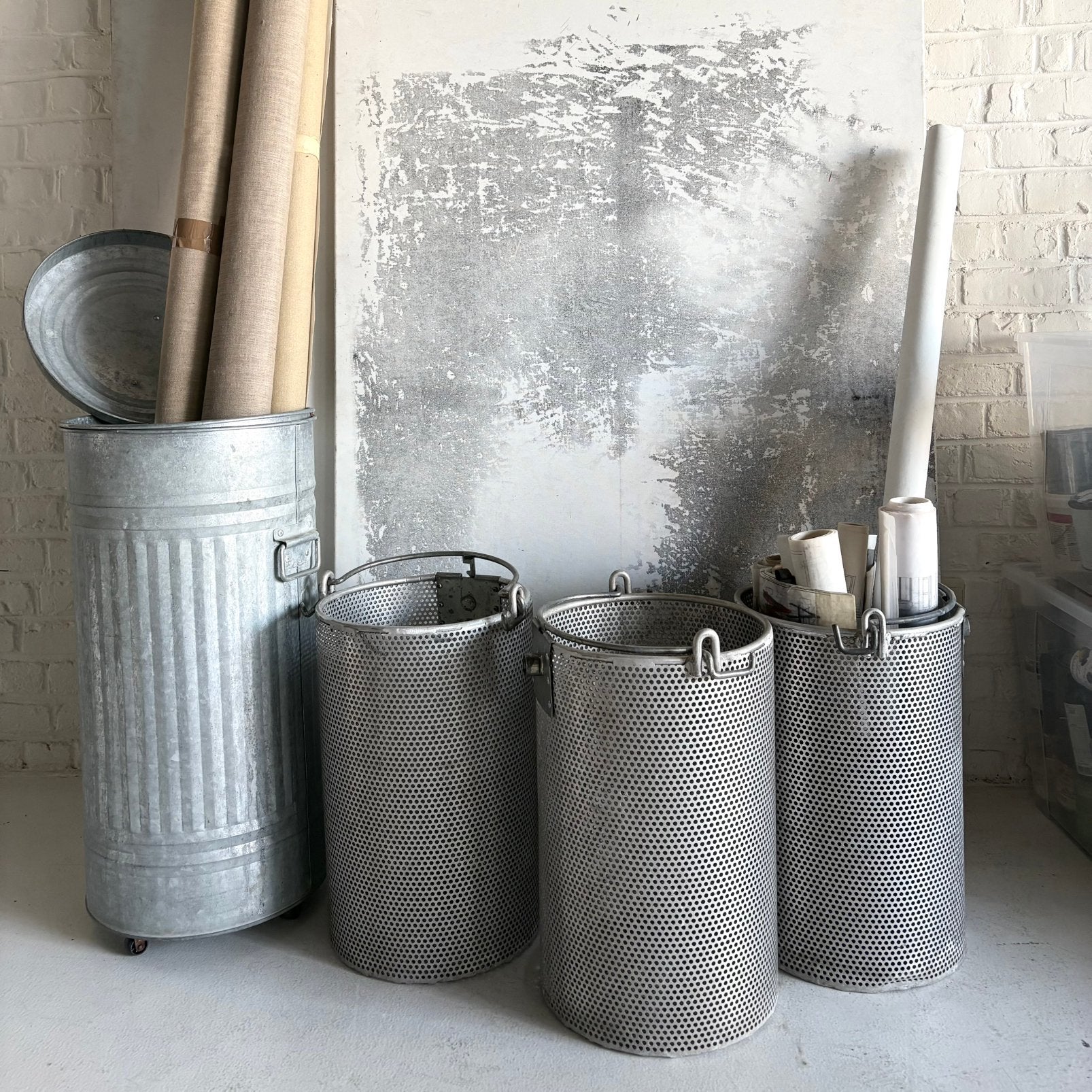 Grande poubelle galvanisée vintage avec couvercle roulettes, Enlèvement, Utilisé, Zinc, Avec poignée