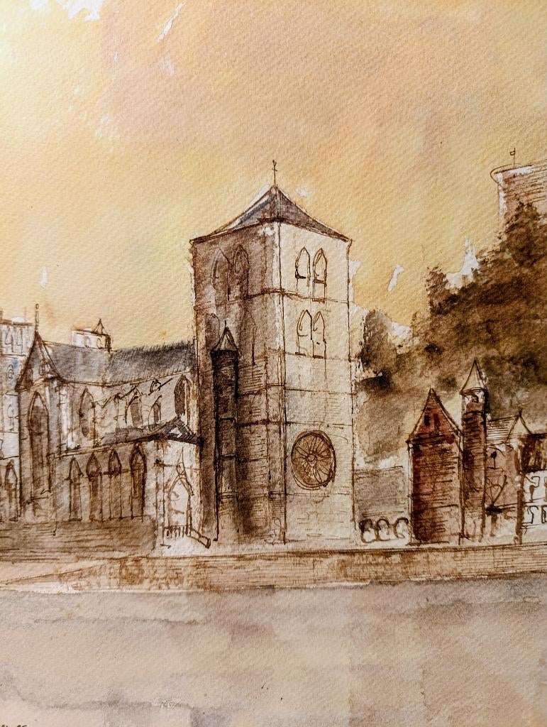 Collégiale de Huy. Aquarelle de Michel METTEWIE., Enlèvement ou Envoi
