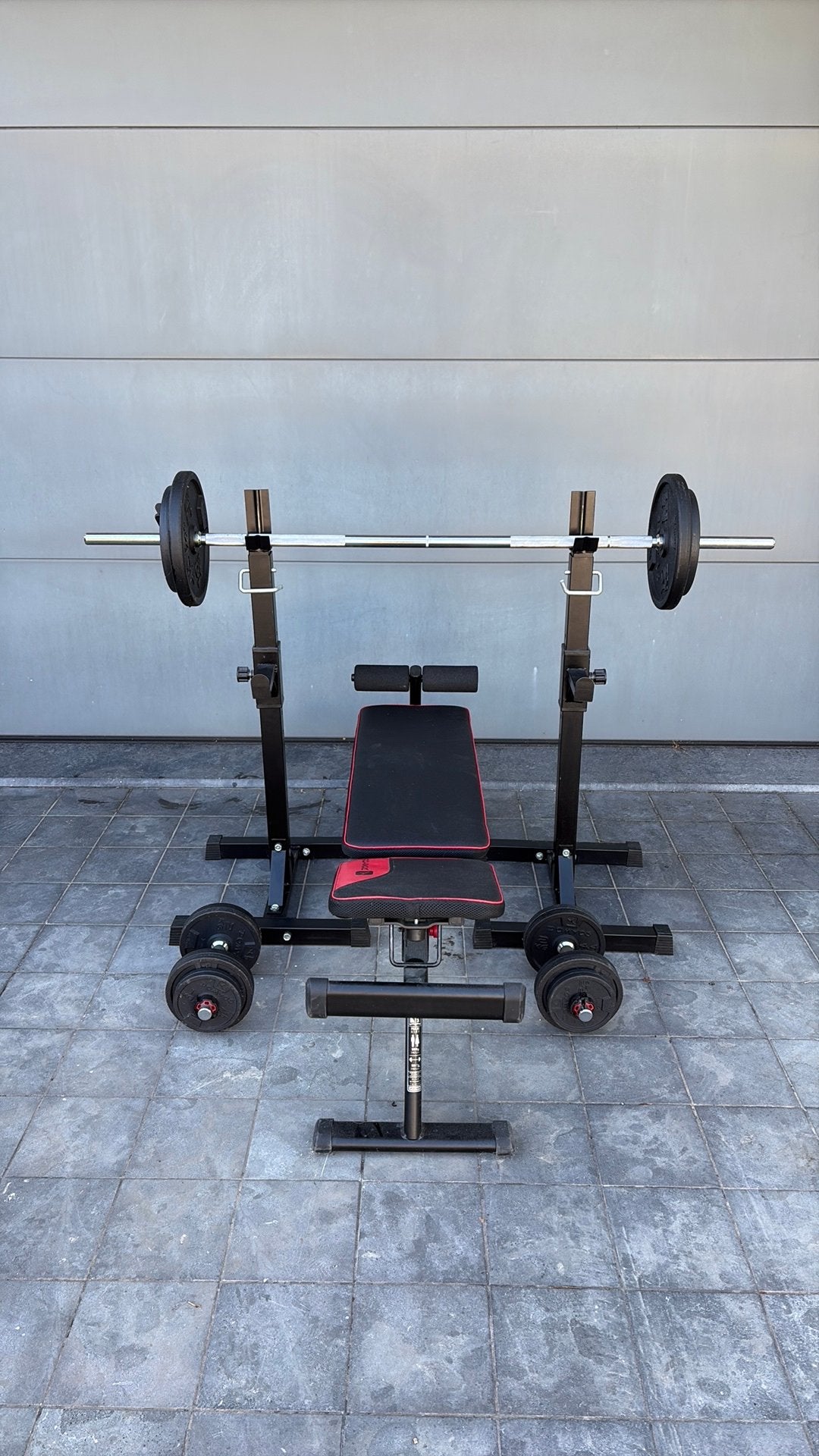 Complete Domyos fitnessset – bank, stang en gewichten, Sport en Fitness, Ophalen, Gebruikt, Fitnessbank