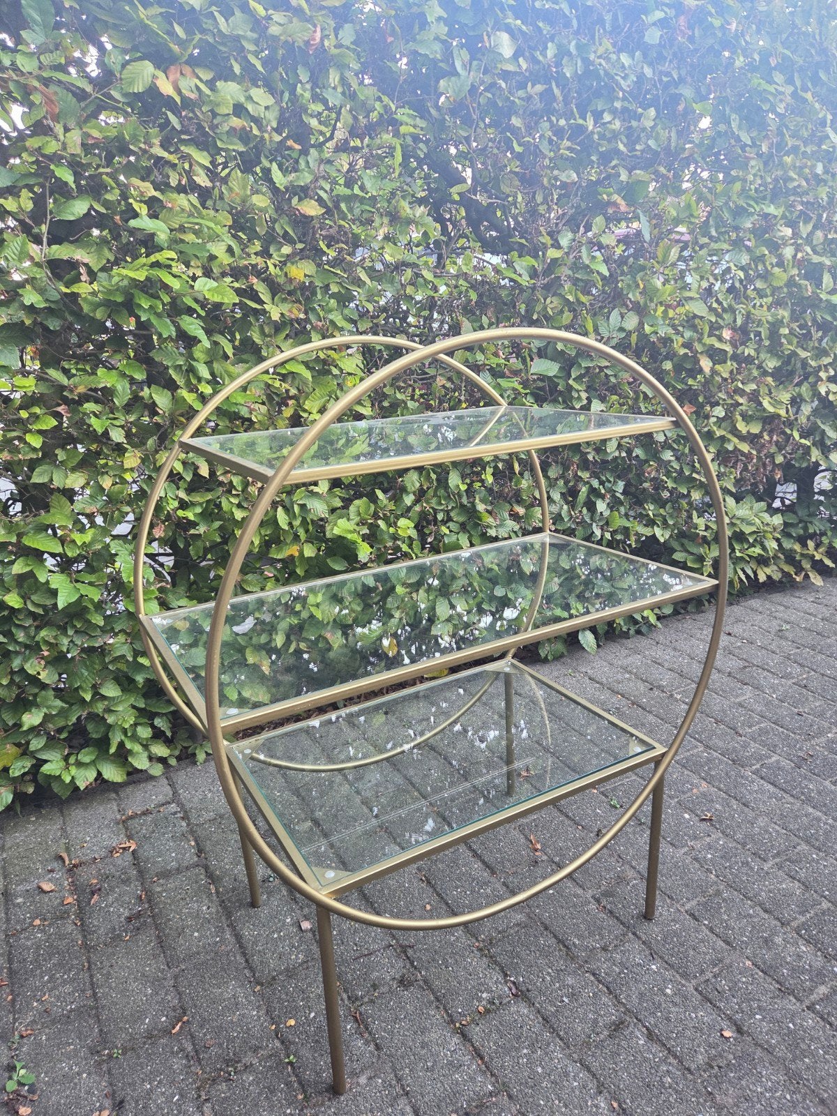 messing/glazen 3-laagse etagère, Huis en Inrichting, Ophalen, Gebruikt, Minder dan 100 cm, 25 tot 50 cm