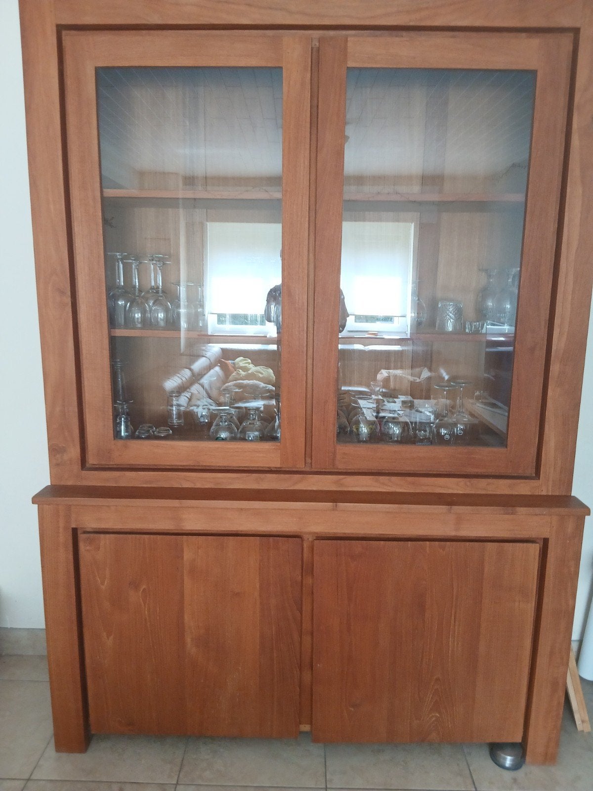 vitrine kast teak afm B1,62m H 2,26m D 50, Ophalen, Met deur(en), 200 cm of meer, 150 tot 200 cm