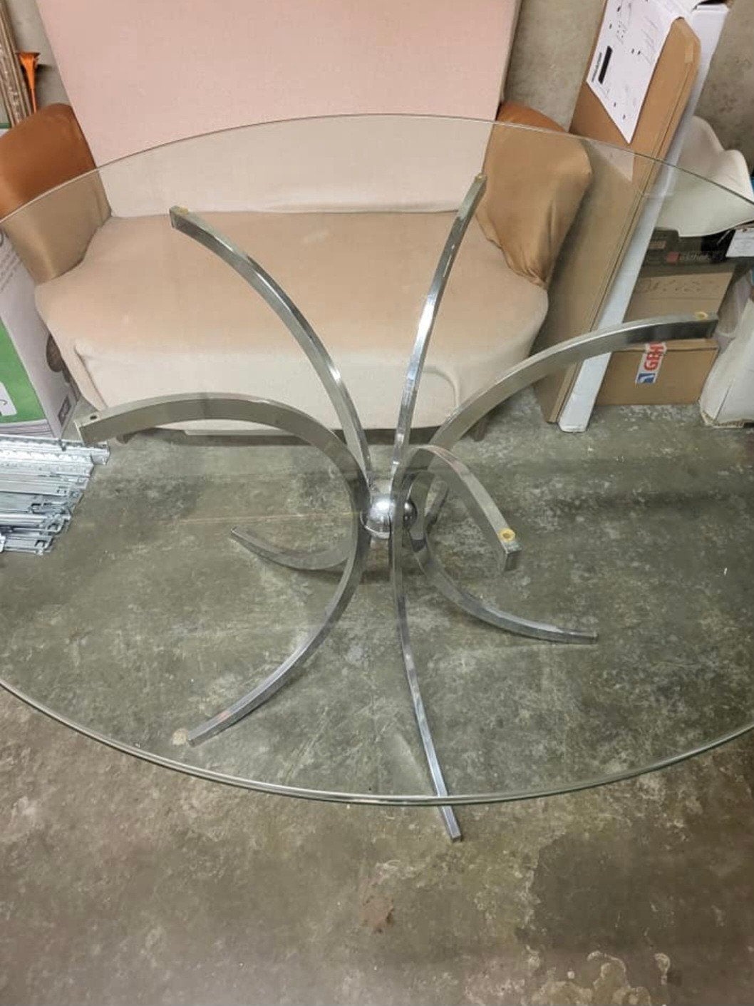 Vintage glazen eettafel met chromé voet, Antiek en Kunst, Ophalen