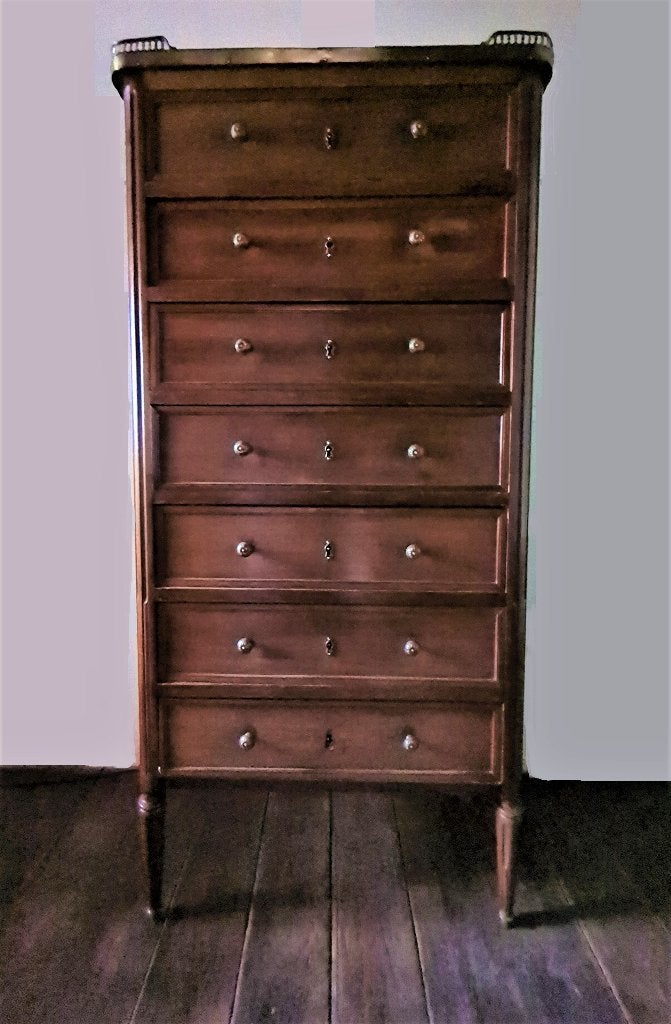 Commode française en acajou de style Directoire, 25 à 50 cm, 5 tiroirs ou plus, Directoire, Enlèvement