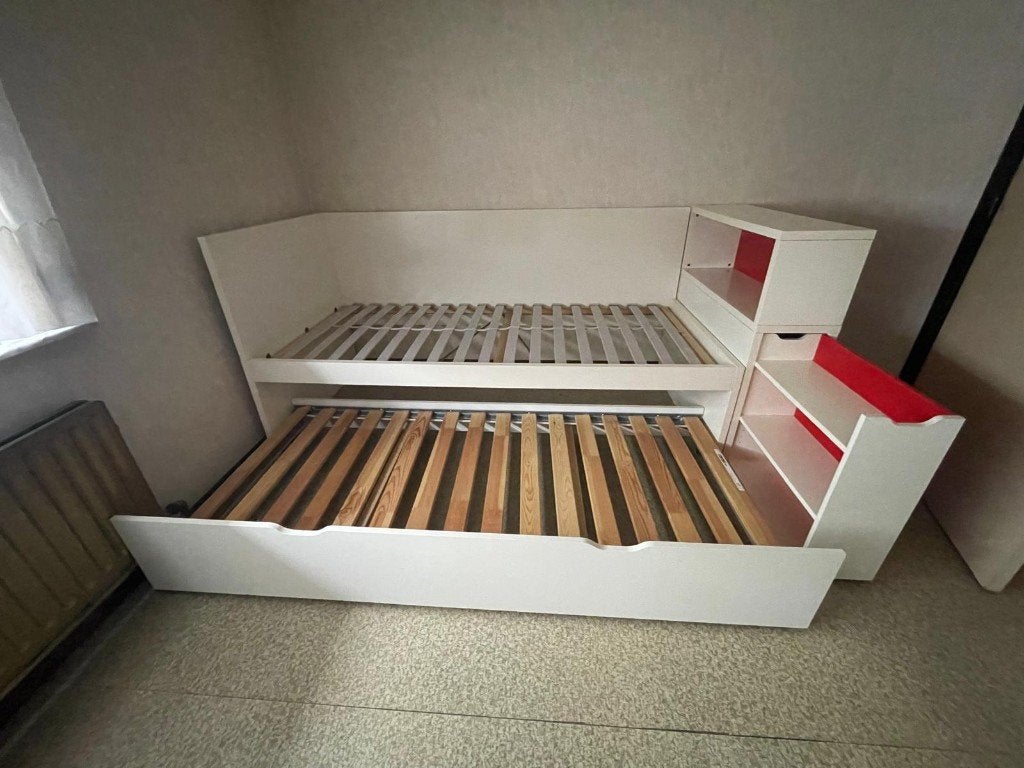 Eénpersoonsbed met extra uitschuifbaar onderbed, Ophalen, Wit, Tweepersoons, 200 cm