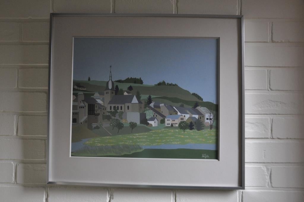 Naïeve aquarel „Village” van Madame M-L Hubin 53x60, Antiek en Kunst, Kunst | Schilderijen | Klassiek, Ophalen