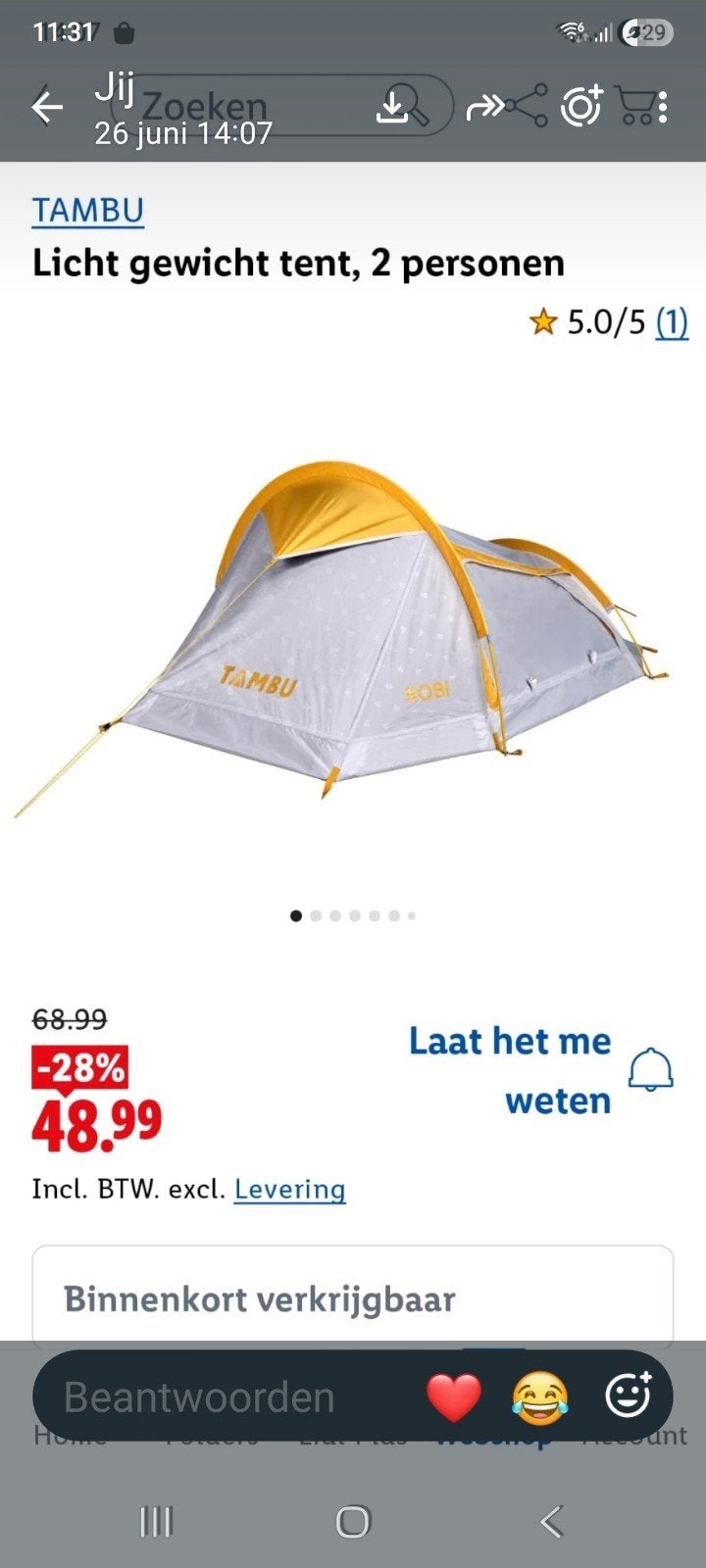 Tent Tambu, Caravans en Kamperen, Ophalen, Zo goed als nieuw, Tot en met 2