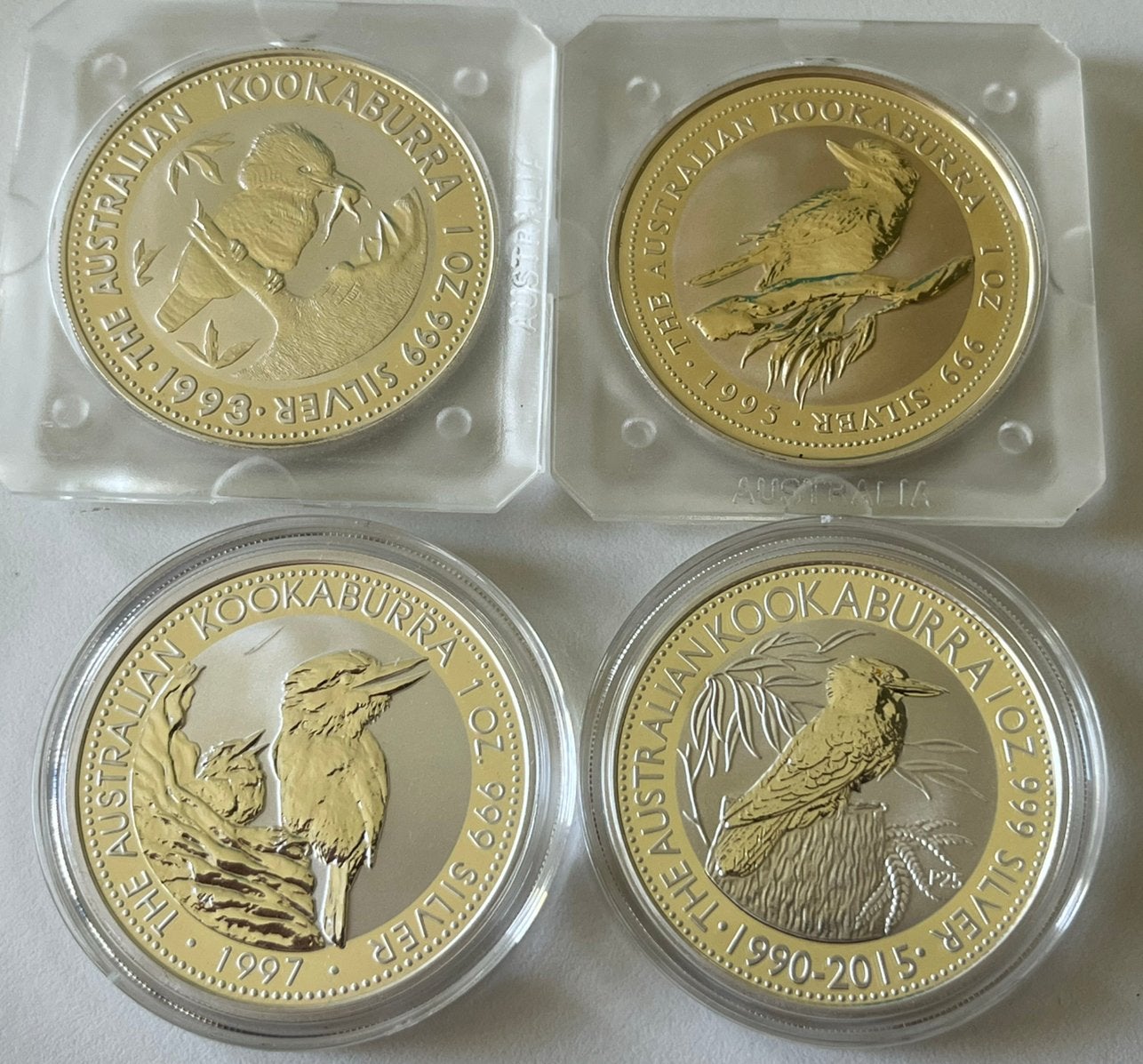 4 zilveren verzamelmunten 1oz Kookaburra 1993 1995 1997 2015, Postzegels en Munten, Ophalen of Verzenden, Zilver