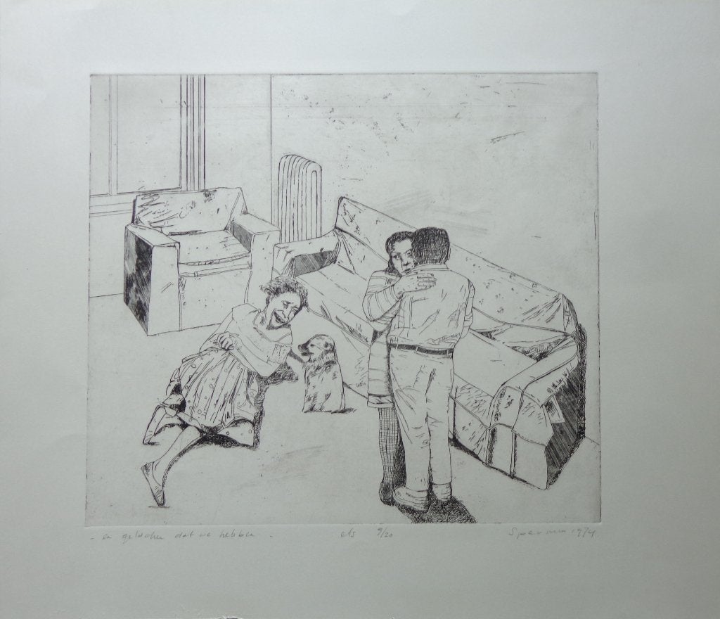 KEES SPERMON / EN GELACHEN DAT WE HEBBEN / ZW-W ETS 45x52cm, Signé, Enlèvement ou Envoi, Eau-forte