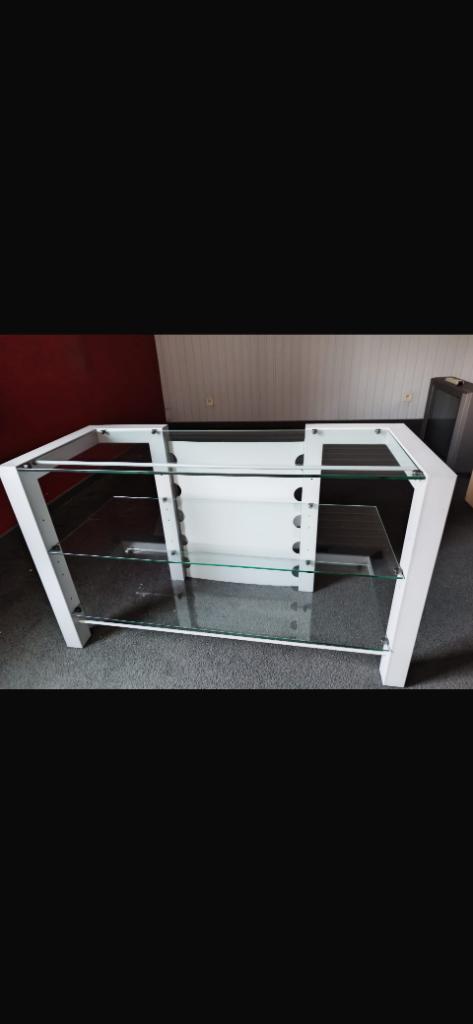 Tv en audiomeubel in glas en metaal, Ophalen, 100 tot 150 cm, Zo goed als nieuw, Glas