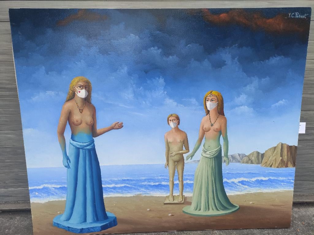 huile sur panneau covid signe carl prevot, Antiek en Kunst, Ophalen of Verzenden
