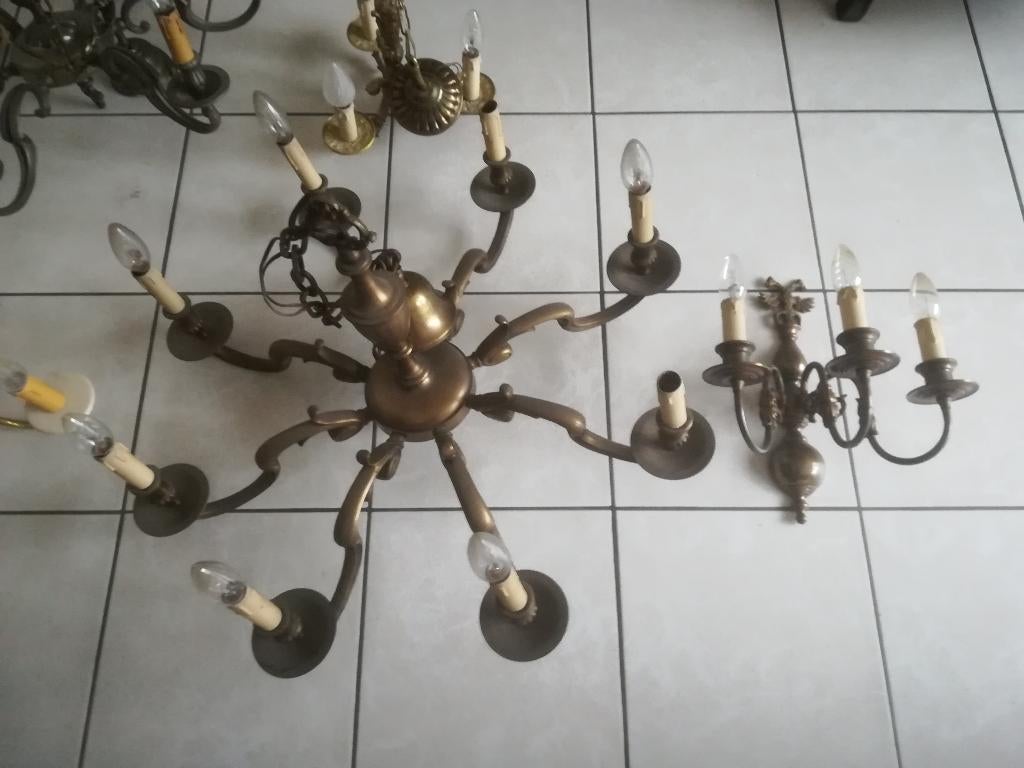 Zware klassieke koperen luster met 8 armen, Huis en Inrichting, Lampen | Kroonluchters, Ophalen, Gebruikt, Klassiek
