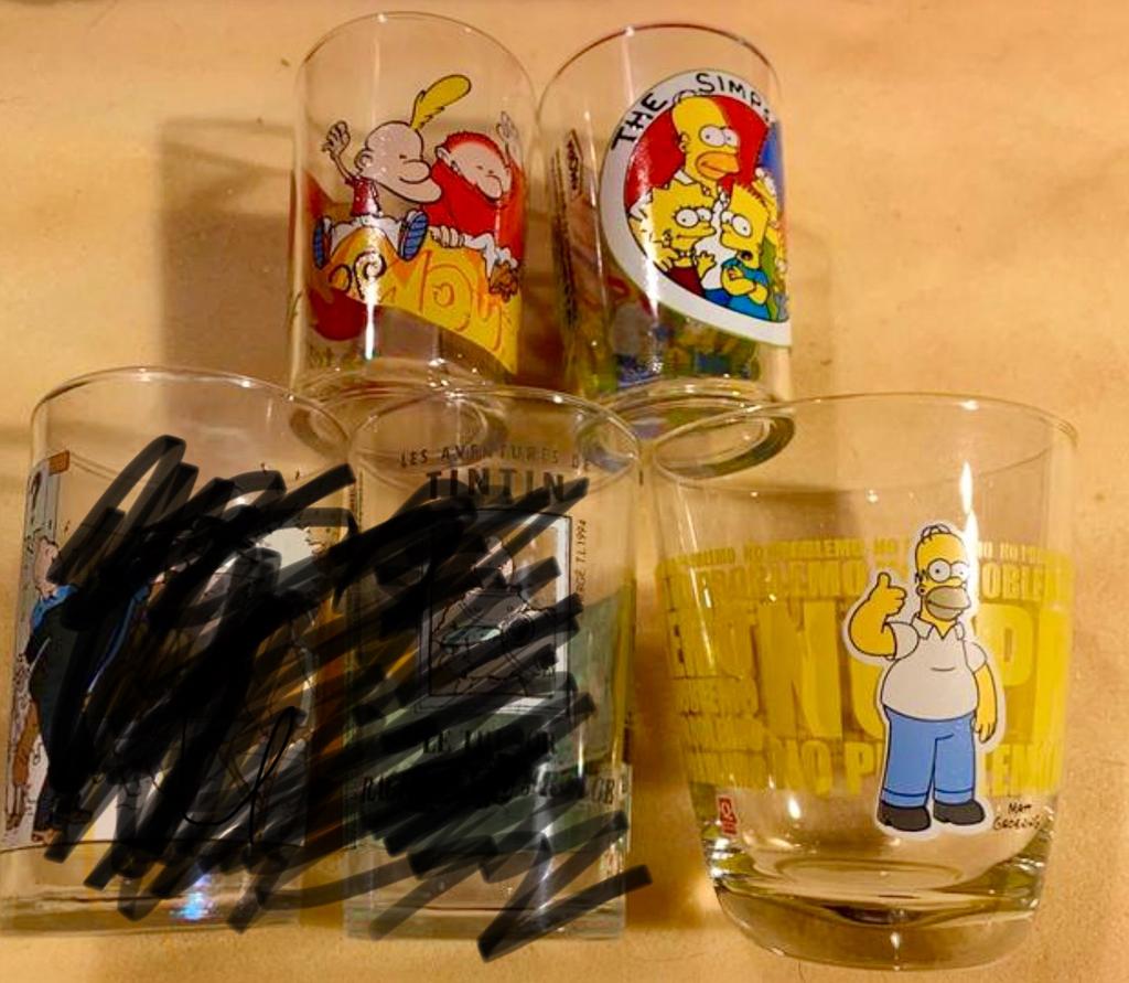 5 verres Simpsons et Titeuf pour collectionneurs, Tintin, Utilisé, Ustensile
