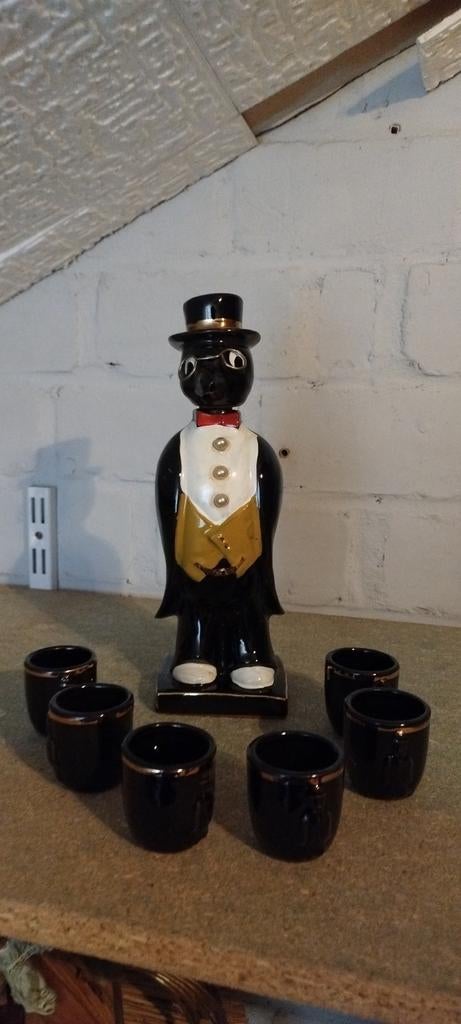 Antieke fles pinguin voor drank met 6 glaasjes, Antiek en Kunst, Ophalen