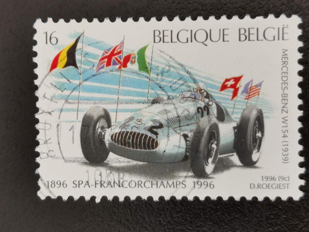 Belgie 1996 - 100 jaar autoraces in Spa - Mercedes, vlaggen, Postzegels en Munten, Ophalen of Verzenden, Gestempeld, Auto's