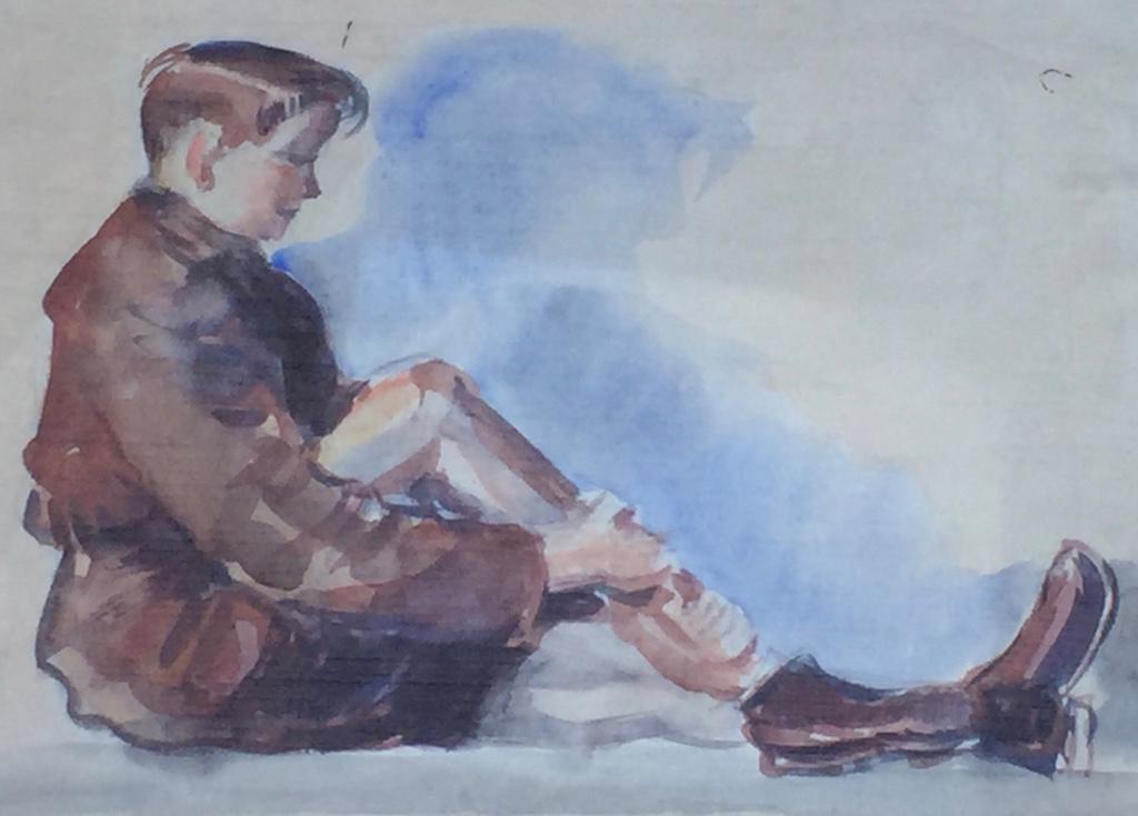 Oude prachtige aquarel op papier, zittende jongen, Antiek en Kunst, Ophalen of Verzenden