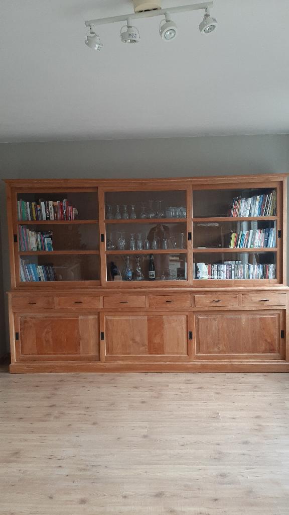 Teak vitrine kast, Ophalen, Gebruikt, Met deur(en), 200 cm of meer