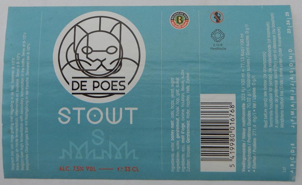 Bieretiket Stout Brouwerij De Poes (11j0), Verzenden, Gebruikt