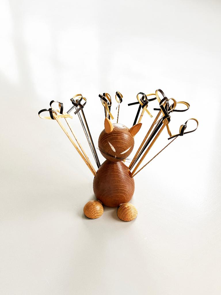 Vintage Deens design houten houder voor tandenstokers kat, Ophalen of Verzenden