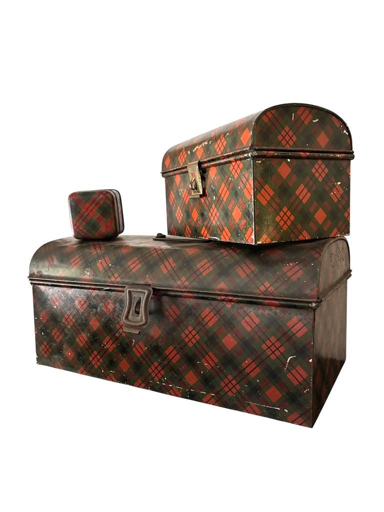 Set Antieke blikken dozen , rood groen geruit, Enlèvement ou Envoi, Utilisé, Biscotte, Autres marques