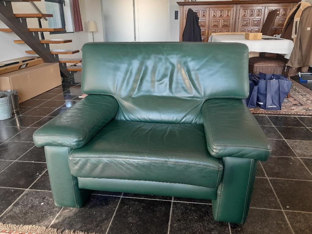 Zetel 1-zit groen leder, Ophalen, Gebruikt, Eenpersoons, Rechte bank