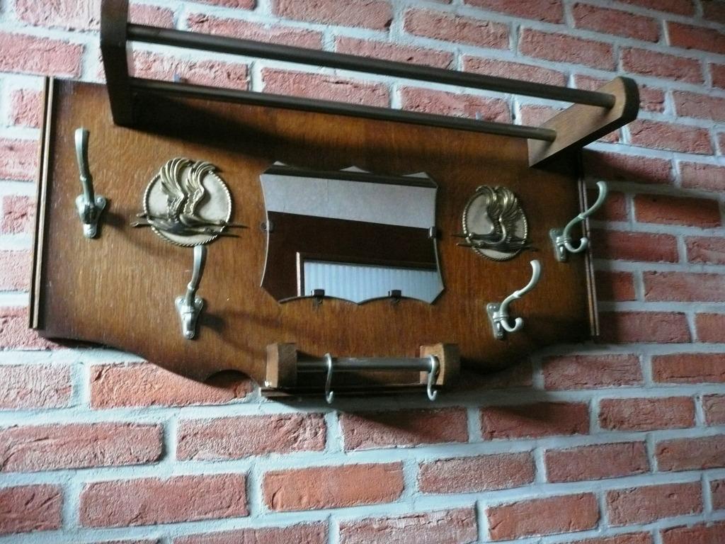 Vintage houten kapstok met ORIGINELE spiegel en hoedenplank, Wandkapstok, Ophalen of Verzenden, Zo goed als nieuw, Minder dan 100 cm