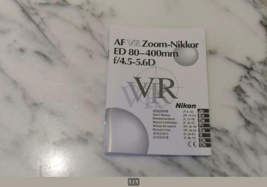 Nikon AF Zoom-Nikkor 80-400mm/4.5-5.6D handleiding, Ophalen of Verzenden, Zo goed als nieuw, Overige typen