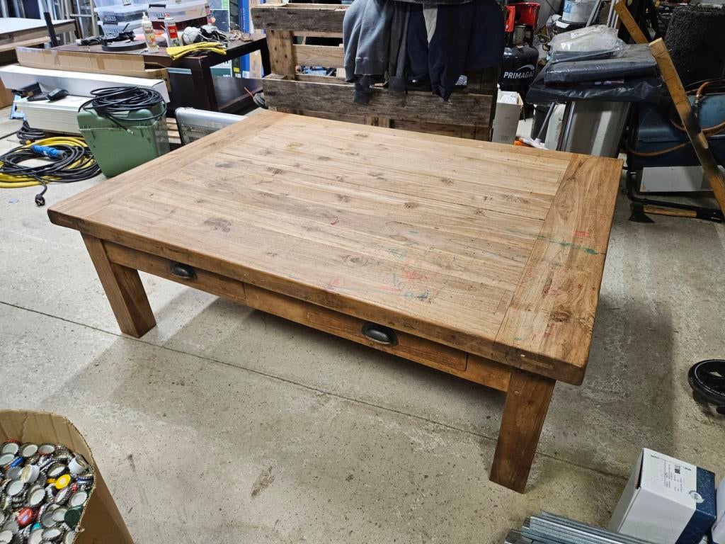 Robuuste houten salontafel met lades 100x140x47cm, Huis en Inrichting, Ophalen