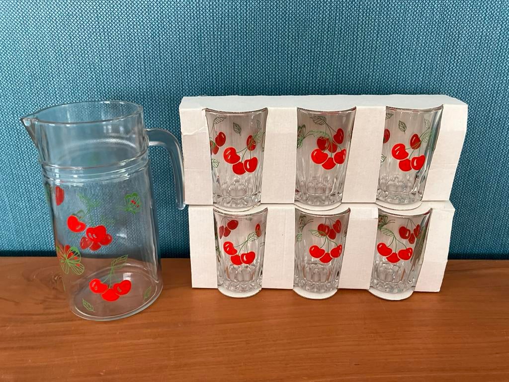 Vintage limonade set 6 glazen & sapkan kersenmotief, Verzamelen, Ophalen, Zo goed als nieuw, Frisdrankglas