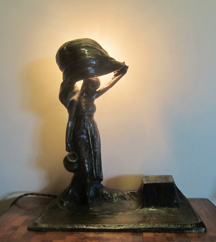 Lampe art nouveau bronze, lampe de bureau Peter Tereszczuk, Antiquités & Art, Statue, Art nouveau, Brons, Femme