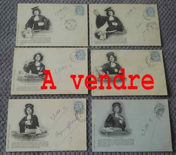 Série de 6 cartes  La femme avocat, Enlèvement ou Envoi, Avant 1920, Affranchie