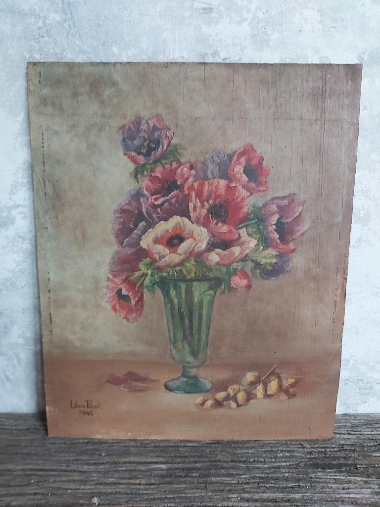 Leuk frans vintage bloemenschilderij op plaat 1948, Enlèvement ou Envoi