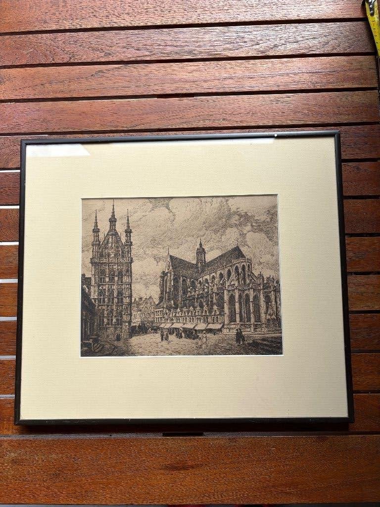Hôtel de ville et de l'église Saint-Pierre de Louvain, Antiquités & Art, Eau-forte, 1950 - 1999, Vue urbaine, 31 cm