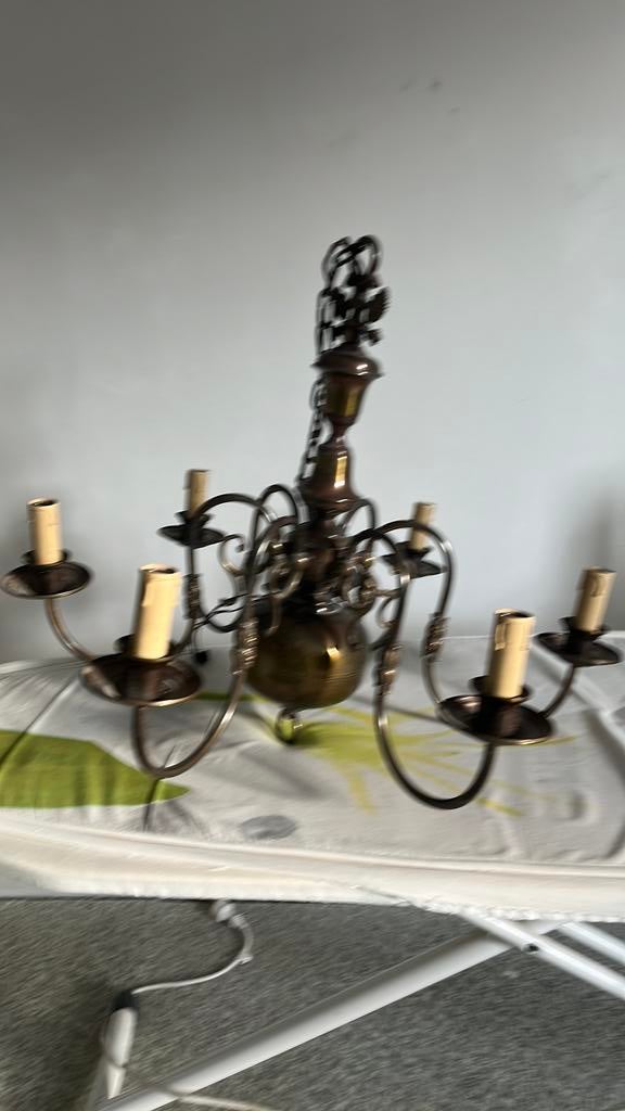 Lustre en laiton 6 branches, Maison & Meubles, Enlèvement, Utilisé, Métal, Ancien