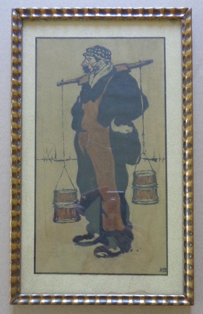 RENE BOSIERS / WATERDRAGER / ORIGINEEL WERK / 33x20cm KADER, Enlèvement ou Envoi, Œuvre originale, Aquarelle, Papier