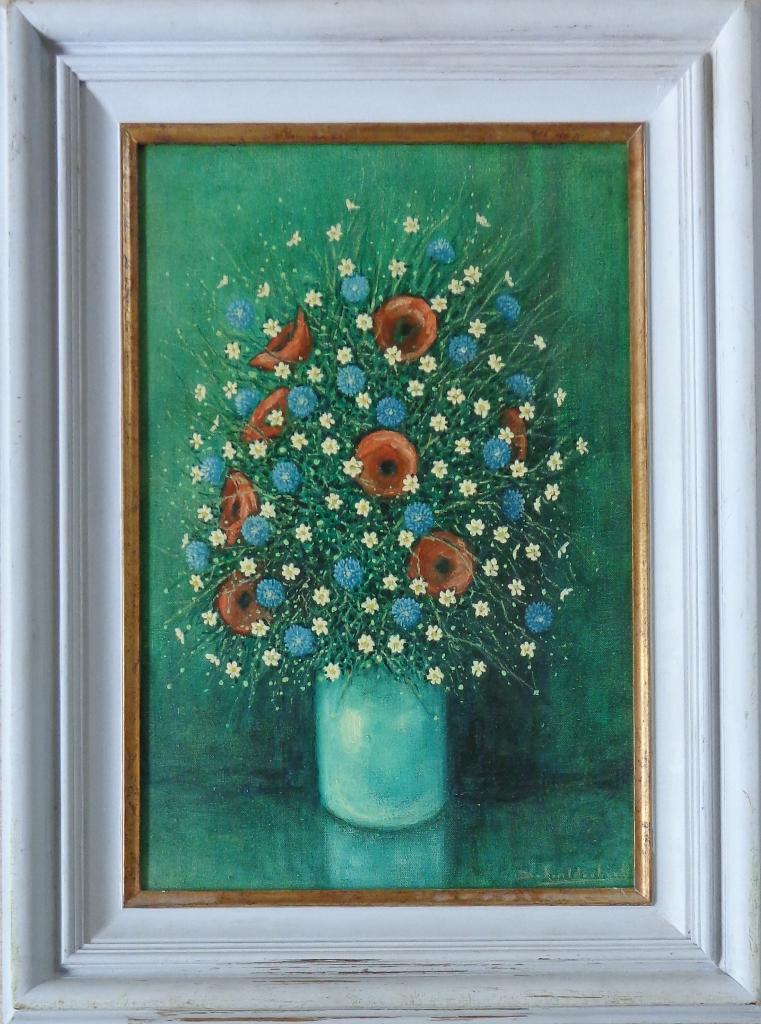 ONLEESBAAR / VELDBOEKET IN VAAS / OLIEVERF / 79x59cm / KADER, Enlèvement
