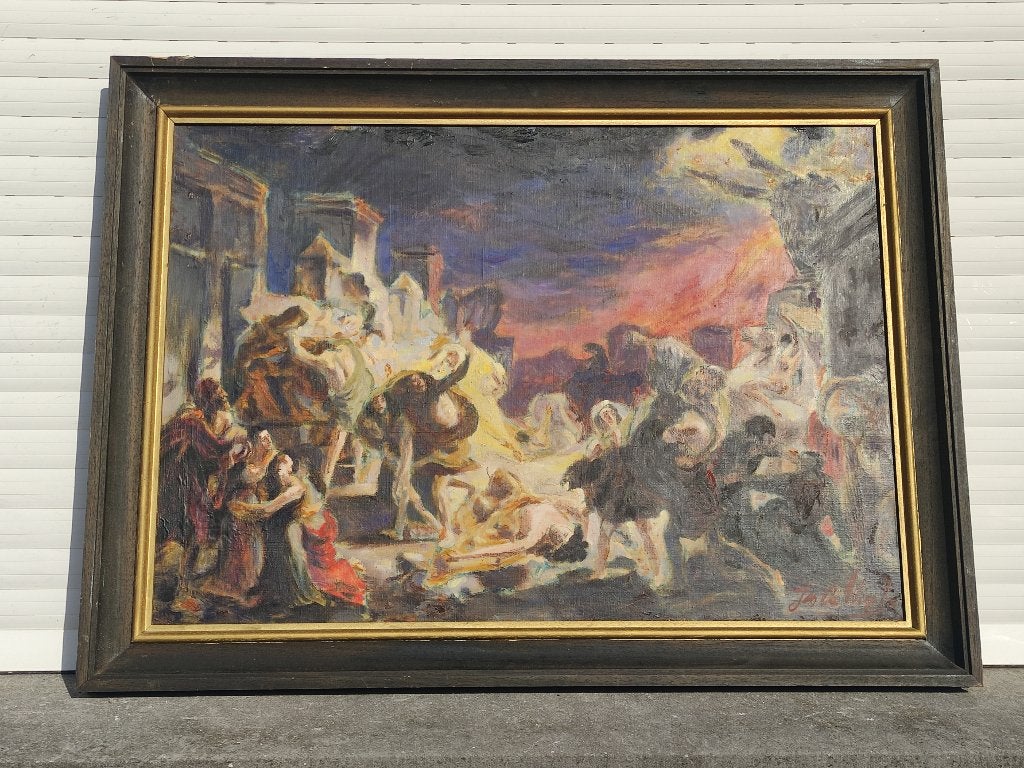Huile sur toile bataille signe, Antiquités & Art, Art | Peinture | Classique, Enlèvement ou Envoi, Toile