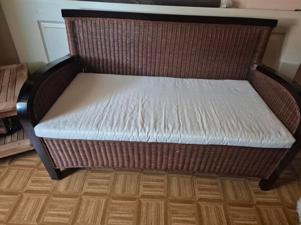 2 zit bank rotan met kussen te koop 50eur geen koerier diens, Ophalen