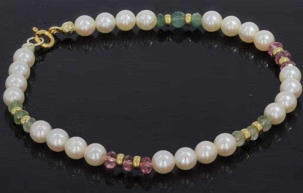 Toermalijn parel edelsteen 14k slot goud armband dame bollen, Bijoux, Sacs & Beauté, Enlèvement ou Envoi, Or, Comme neuf, Or