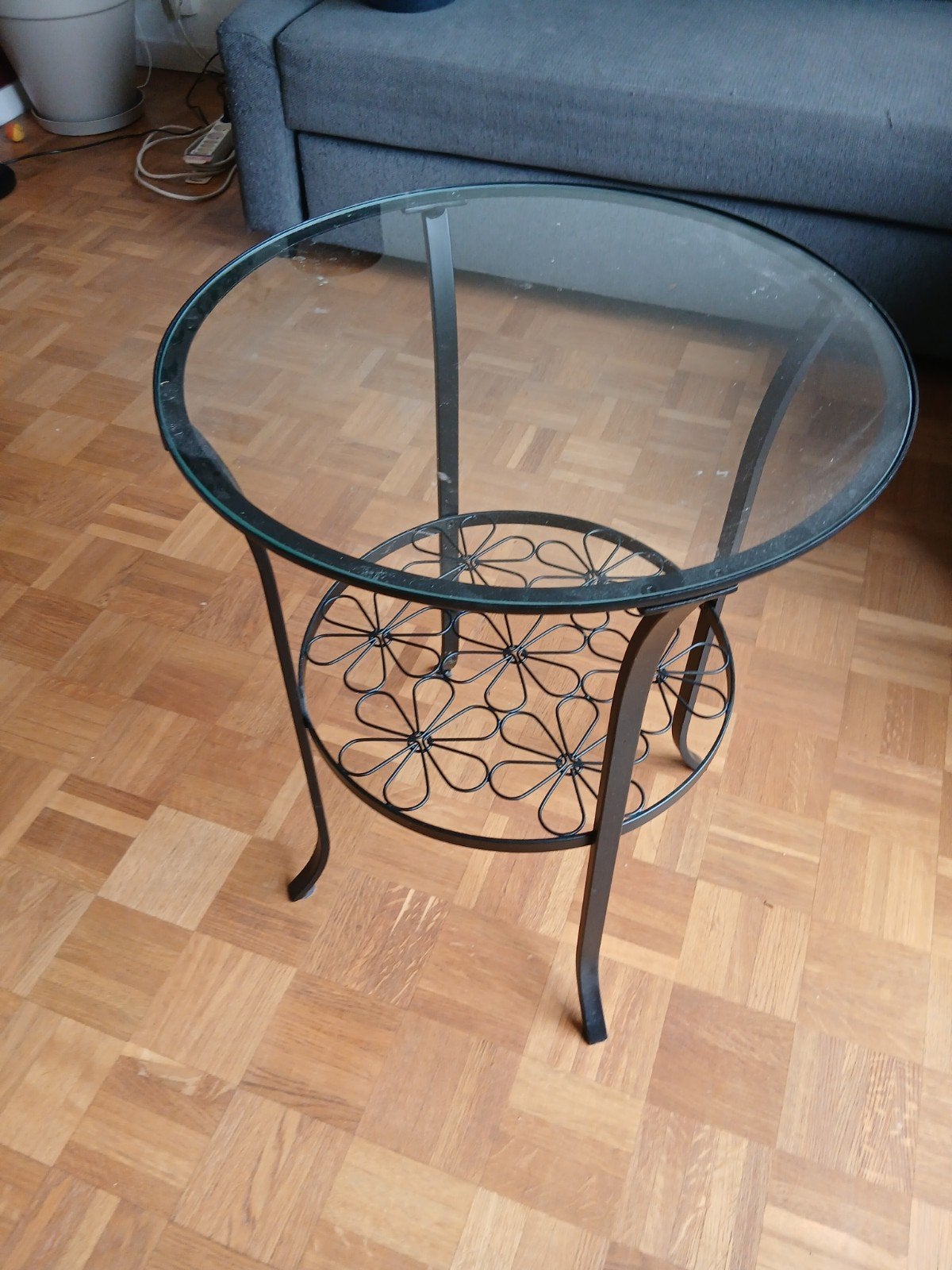Glazen/zwarte bijzettafel, Huis en Inrichting, Ophalen, Minder dan 55 cm, Gebruikt, Rond