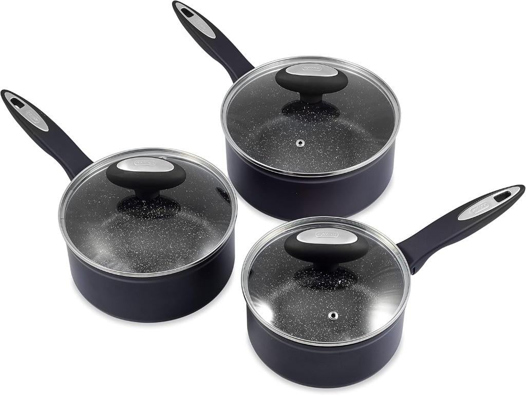 3-Delig pannenset + deksel met antiaanbaklaag, ø16, ø18, ø20, Pannenset, Ophalen of Verzenden, Keramische plaat, Nieuw