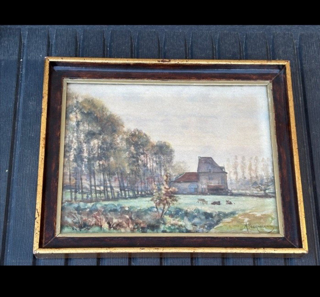 Aquarelle originale 31x24 - A.E. Pecquereau 1831-1917, Enlèvement ou Envoi, Aquarelle, Paysage, Signé