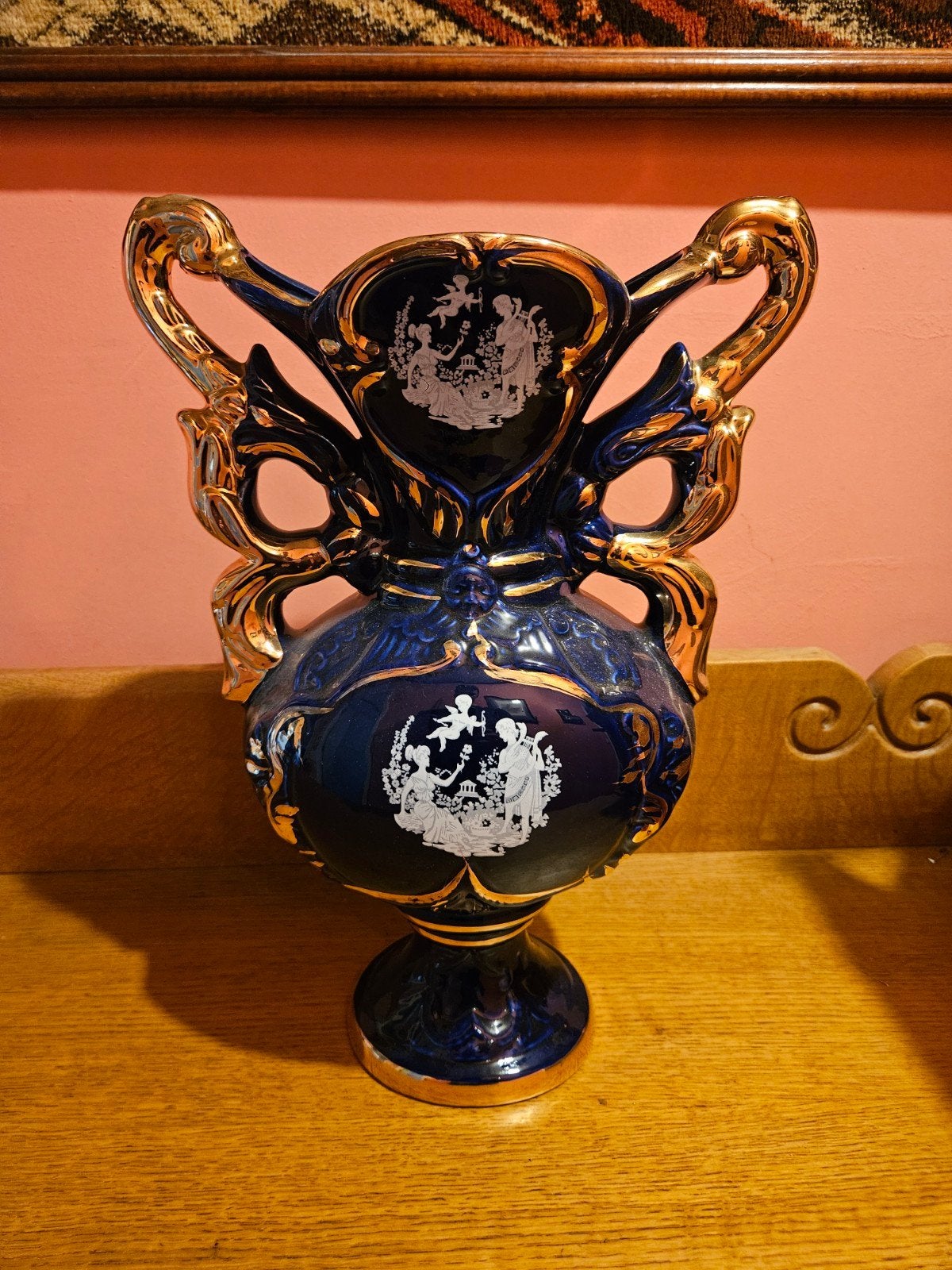 Vintage kobaltblauwe en goudverkierde keramische vaas met si, Antiek en Kunst, Ophalen