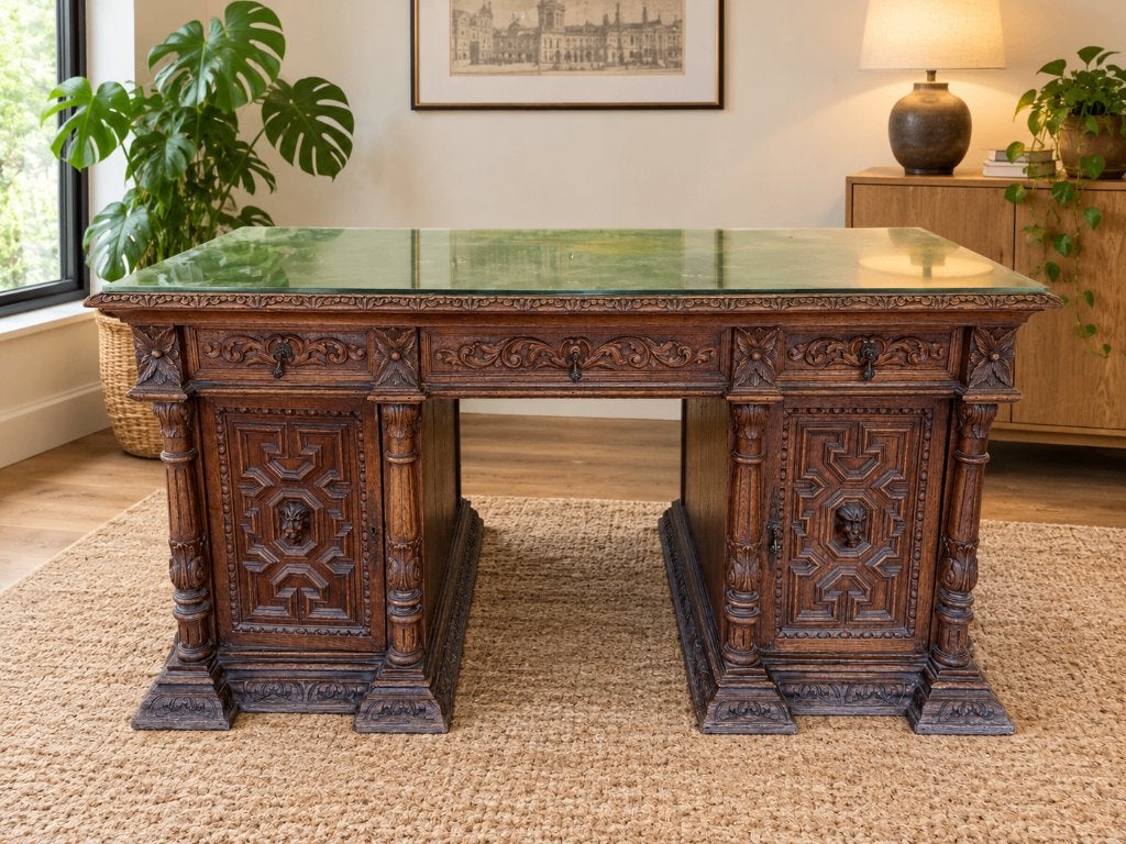 Antiek houten bureau met prachtig houtsnijwerk, Ophalen, Demontabel, Gebruikt, 150 cm