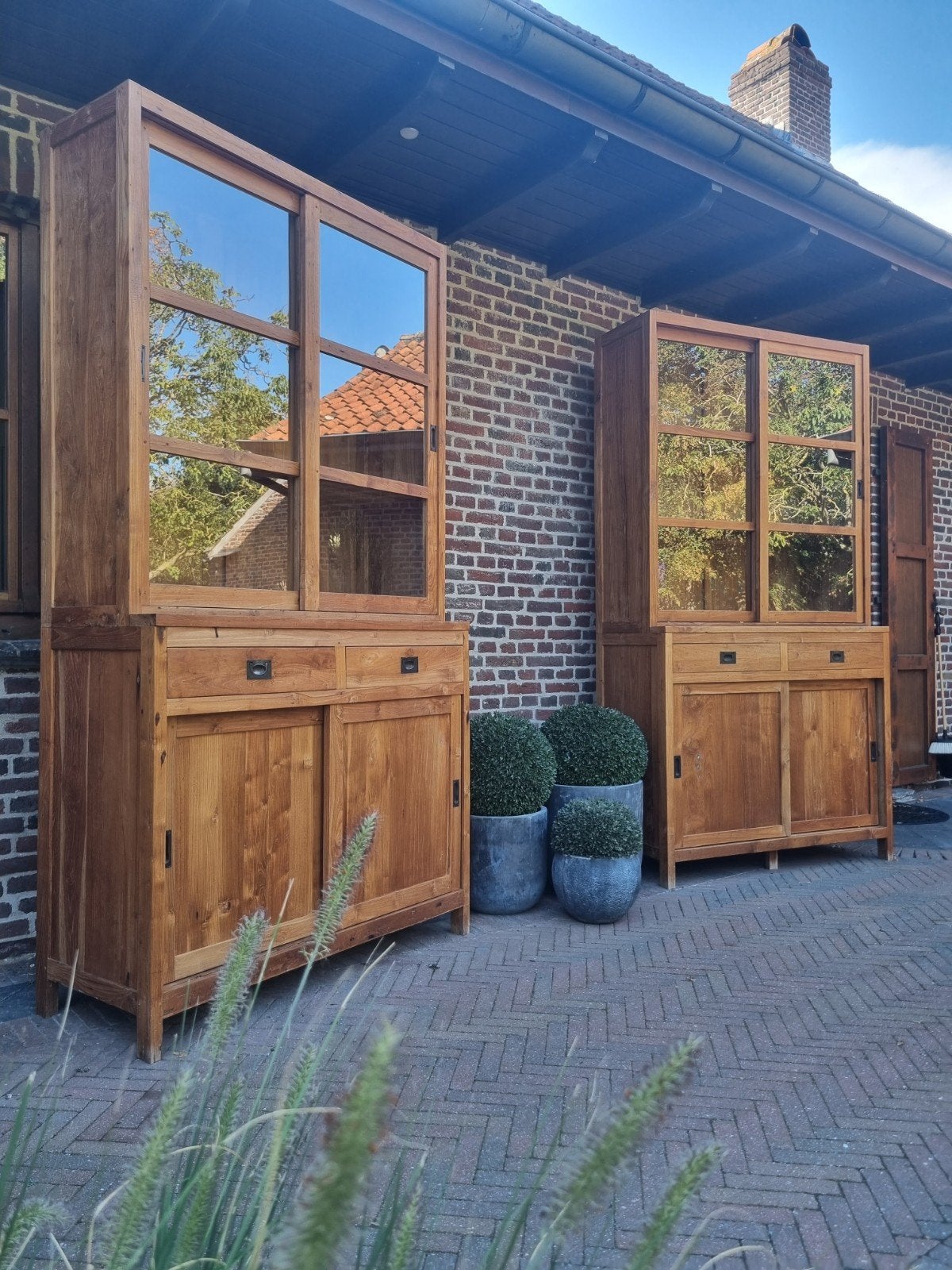 2x teak buffetkast/vitrinekast ART:, Huis en Inrichting, Ophalen, 100 tot 150 cm, 200 cm of meer, .