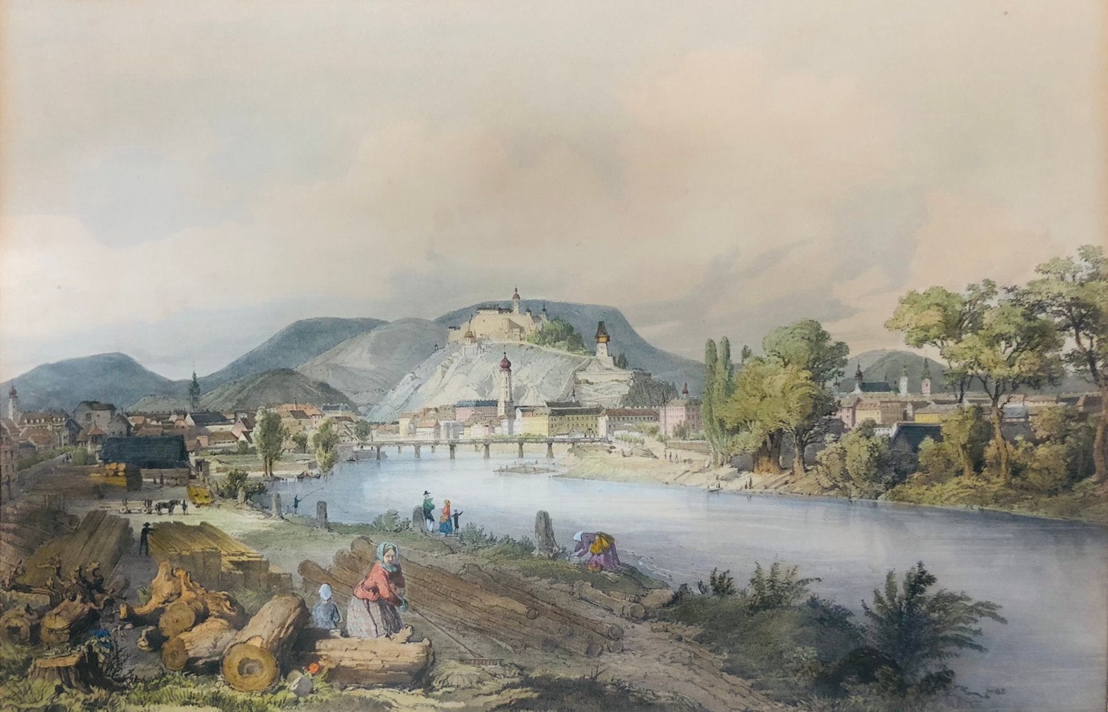 Lithographie en couleur, vue de Graz, 1865, Carl Reichert, Antiquités & Art, Enlèvement ou Envoi, Paysages, Original, Lithographie