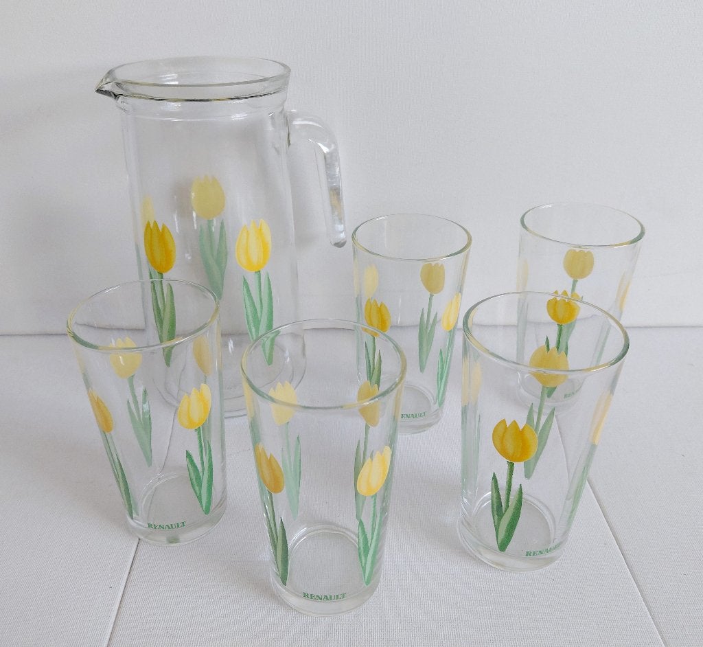 Renault x Luminarc set – Karaf, 5 Glazen jaren '70/'80, Glas of Glazen, Vintage, Ophalen of Verzenden, Glas