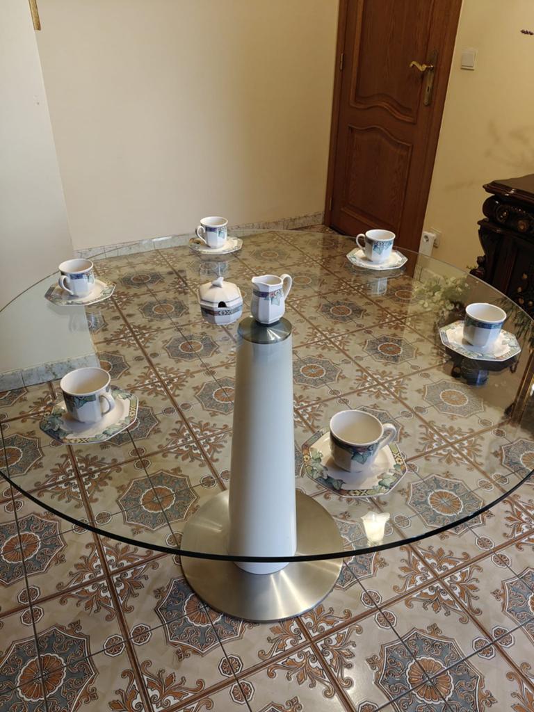 Ronde moderne witte tafel met tafelblad in glas, Ophalen, Glas