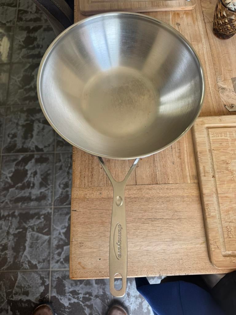 Demeyere wokpan 30 cm, Huis en Inrichting, Keuken | Potten en Pannen, Ophalen, Inox, Inductieplaat, Zo goed als nieuw